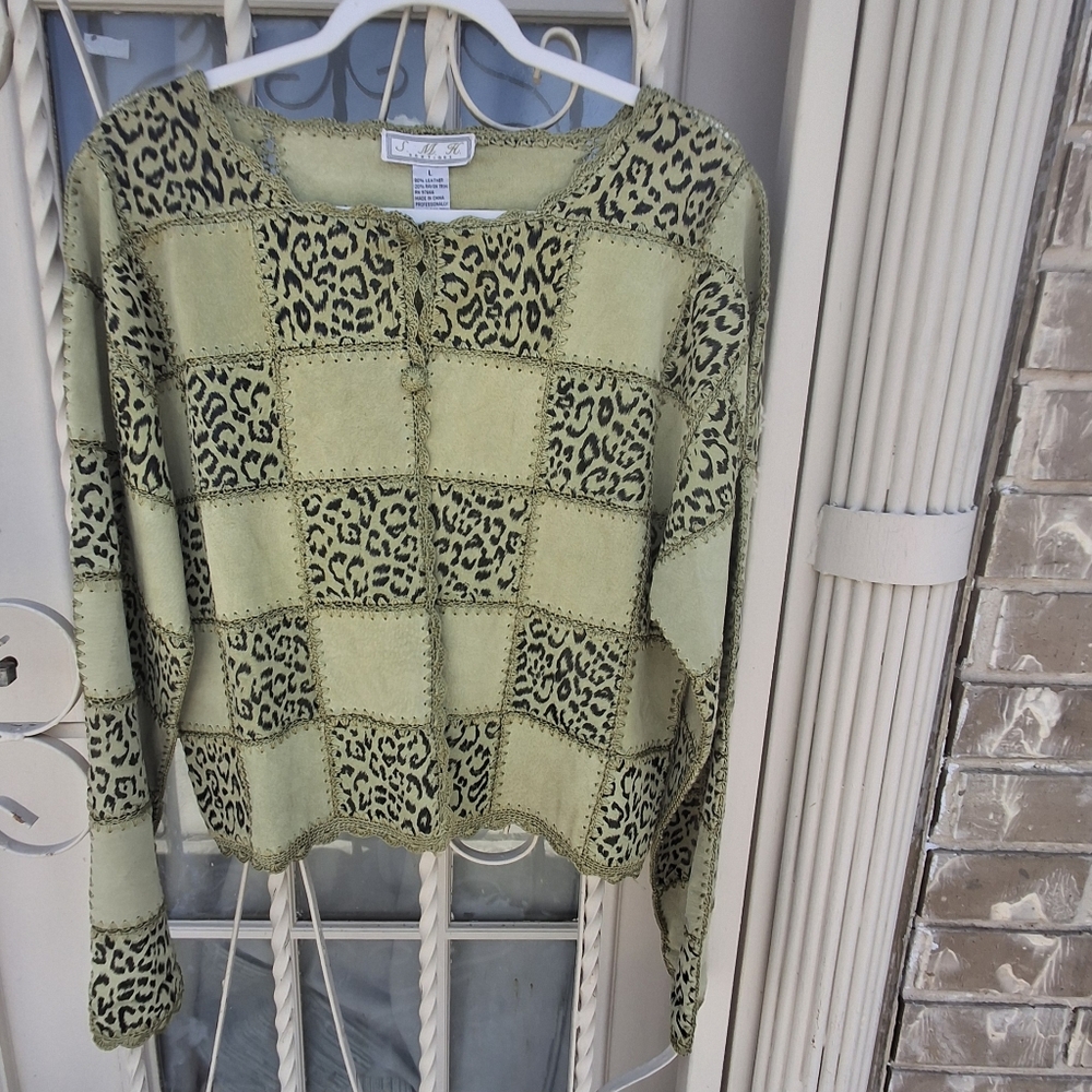 Leather Patchwork Blazer Solid Green & Animal Pri… - image 3